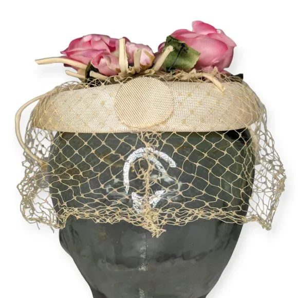Vintage Ivory & Pink Floral Fascinator Style Hat with Net Veil - Picture 3 of 9